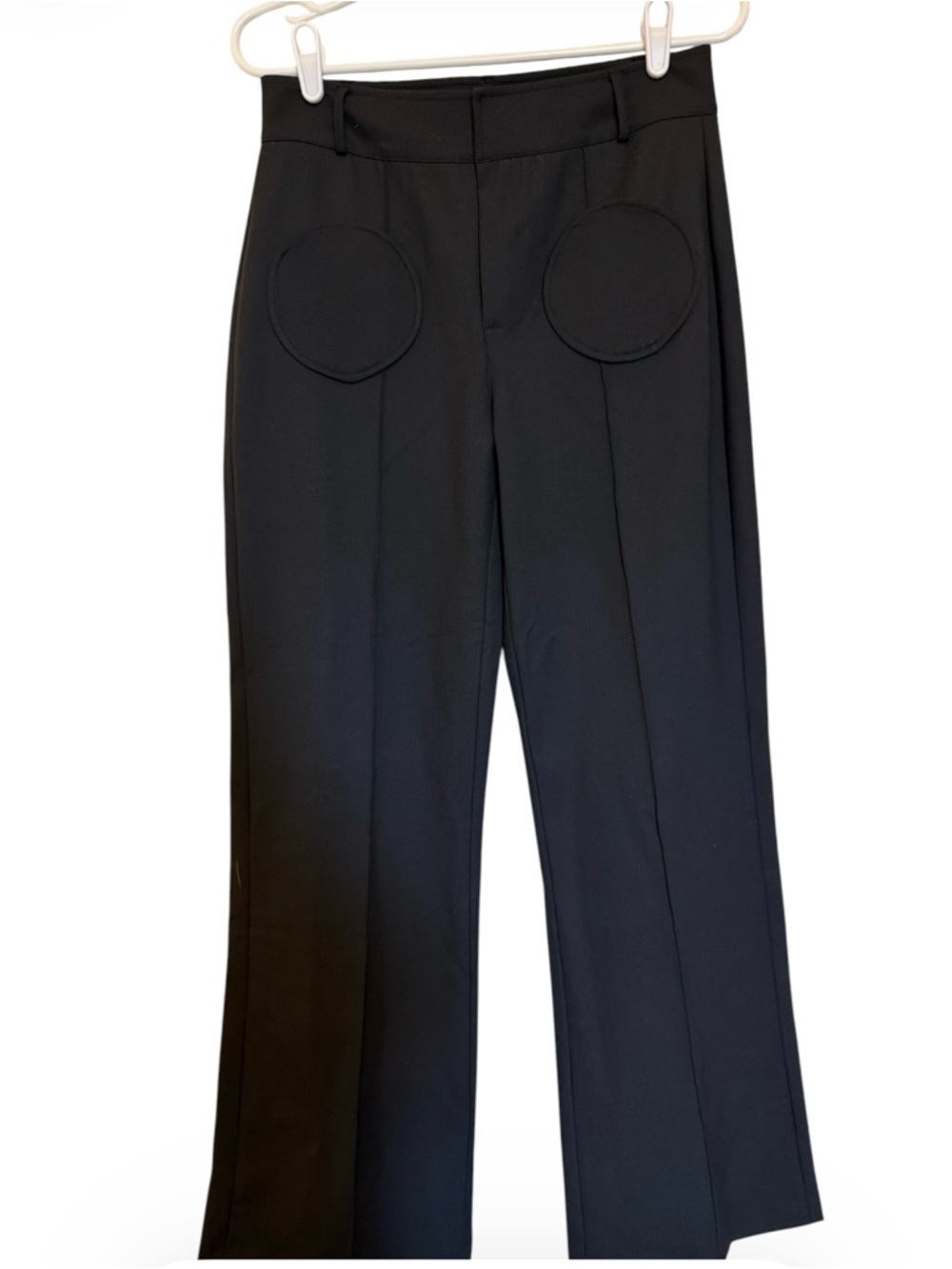 Destree Black Straight Pants Circular Pocket Detail Size 38 Designer High Waist — image 5 of 8